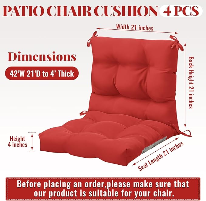Marsui 4 Pcs Outdoor Indoor High Back Chair Cushions Patio Furniture Tufted Pillow with Ties Water-Resistant Replacement Outdoor Rocking Chair Cushions, 42 x 21 Inches (Red,Solid Color)