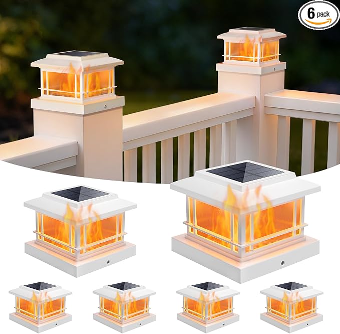 NIORSUN Solar Post Lights Outdoor, Fence Post Solar Lights with Flickering Flame Light & 3 Color Temps, Waterproof, Garden Patio Fence Deck Decor, 4x4 Posts Caps, 4x4, 5x5 Wooden & Vinyl (6Pack,White)