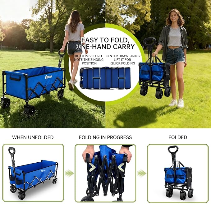Extra Long Collapsible Wagon Cart, 480LBS Heavy Duty Utility Wagons with All-Terrain Wheels, Foldable Grocery Carts for Gardening, Shopping, Beach, Camping, Royal Blue