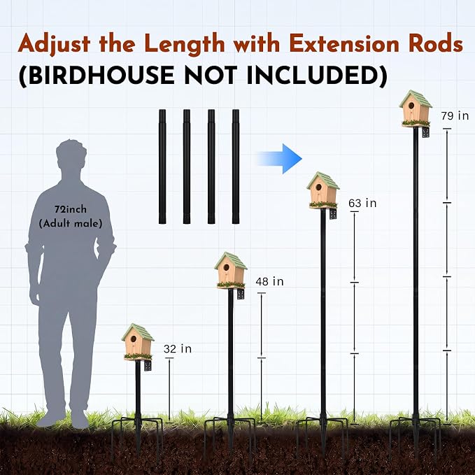 2 Pack Bird Feeder Pole 1-inch Dia 79'' Bluebird House Mounting Pole for Outdoors, Adjustable Height, Heavy Duty Bird House Stand Feeding Station for Birds Watching, Easy Assembly