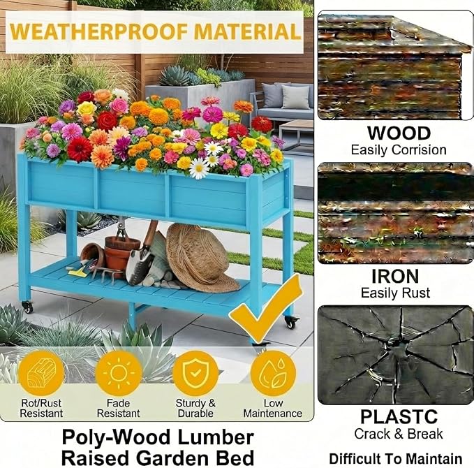 DWVO 47x18x31in Raised Garden Bed HDPE, Weather-Resistant Poly Wood Planter Box Stand, Planter Box with Legs, Storage Shelf & Lockable Wheels, Elevated Garden Bed for Backyard Patio - Aruba Blue