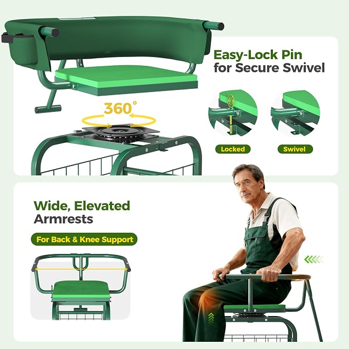 Suntee Garden Seat with Wheels, Rolling Gardening Stool with 360° Swivel Seat & Backrest,Tool Storage Basket & Back Tool Pouch, Adjustable Handle, Outdoor Gardening Scooter, Garden Cart for Seniors