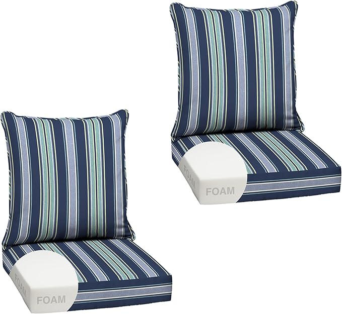 Arden Outdoor Foam Deep Seat Cushion Set (2-Pack), 24x24, Premium High-Density Foam, Never Flattens, Weather-Proof for Patio Chair Sofa Couch, Sapphire Aurora Blue Stripe