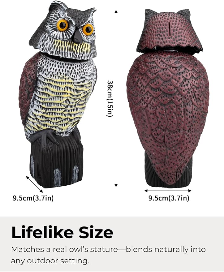 Garden Fake Owl Sculpture with 360° Rotating Head, Waterproof Moving Garden Owl, Outdoor Statue for Yard Patio Balcony Roof Barn Driveway