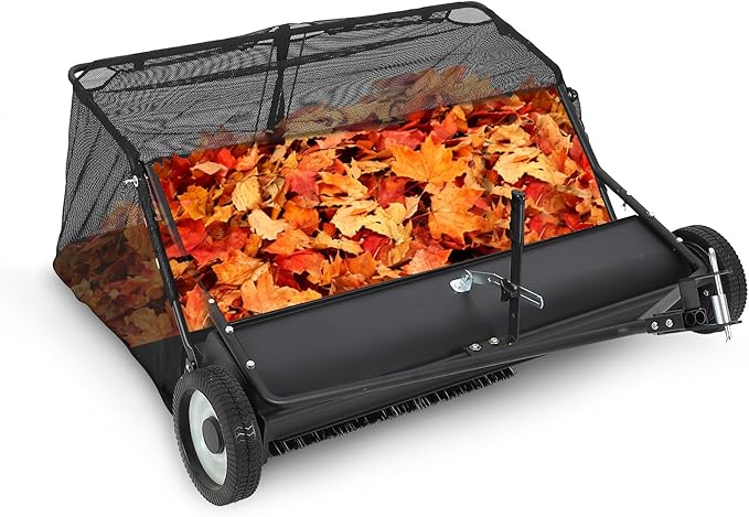 Garvee 48" Lawn Sweeper Tow Behind, Pull Behind Yard Sweeper, 26 Cu. Ft Large Hopper Leaf & Grass Collector, Heavy Duty Garden Sweeper with Adjustable Sweeping Height for Yard, Lawn, Farm