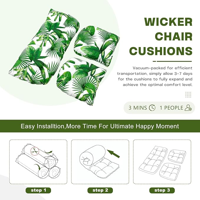 Wicker Chair Cushions Set, 2 U-Shaped Cushions & 1 Loveseat, Waterproof Outdoor Loveseat Cushion for Patio Furniture, Settee Bench Pad All Weather,FreshLeaf