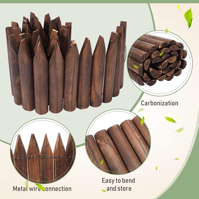 Sasylvia 6 Pack Wooden Garden Edging Wood Garden Fence Panels Pathway 7.9 x 42 Inch Outdoor Landscape Edging Wood Edging Border Flexible Decorative Border Burnt Fence for Spring Garden Patio Yard
