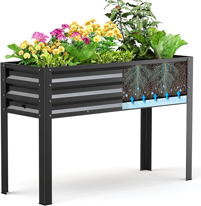KING BIRD Raised Garden Bed with Legs & Water Storage Tank Galvanized Elevated Planter Box 48×17×31.5 in for Backyard, Patio, Balcony, 300lb Capacity, Dark Grey