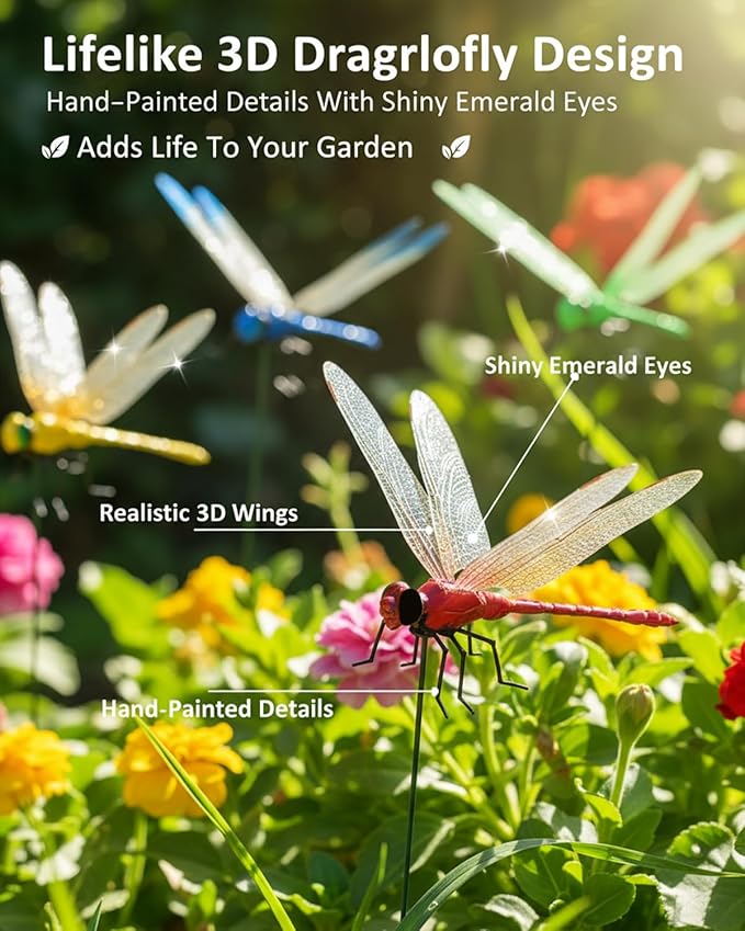 20Pcs Dragonfly Dragon Fly Clips for Bugs Repellent Decor 3D Garden Outdoor Flying Butterflies Decorations Fake to Keep Away Metal Bamboo Stakes Decorative Yard Ornaments Hat Golf Moving (20pcs)