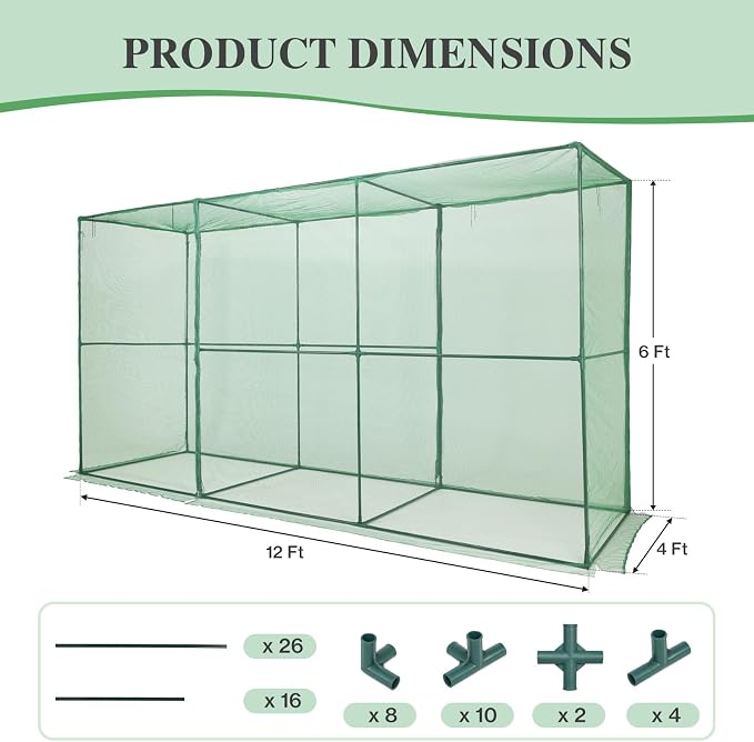BPS Crop Cages for Garden Plant, 12x4x6 Ft Plant Netting Protection Tent with Zippered Door for Plants, Raised Garden Bed Cover with Frame for Vegetables, Fruits and Flowers