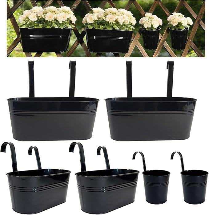 Set of 6 Balcony Hanging Planters, 2 Pcs 17" Metal Railing Flower Pots & 2 Pcs 12" Deck Planter & 2 Pcs 4" Fence Pot for Outdoor Patio Garden Décor, Black