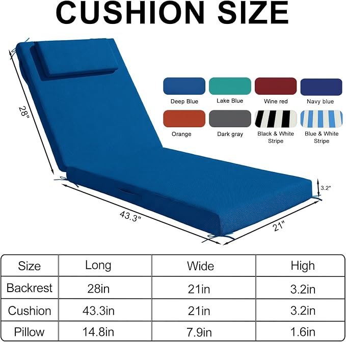 Outdoor Chaise Lounge Cushions, 72x21 Inch Olefin Water & Fade Resistant Pool Lounge Chair Cushions, Patio Sun Lounger Pad with Pillow & Straps for Patio, Pool, Deck, Lawn, Dark Blue
