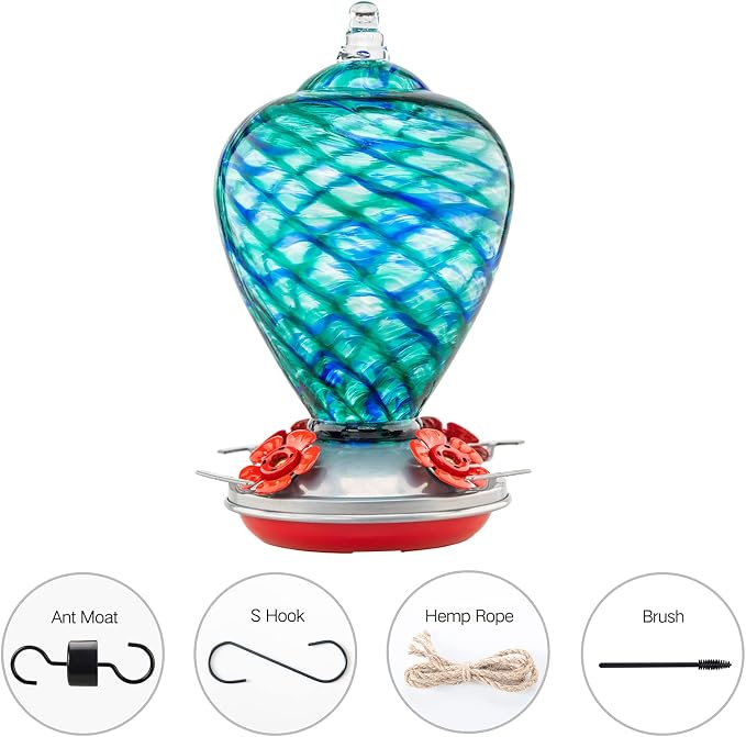 Hummingbird Feeders, 34OZ Hand Blown Glass Hummingbird Feeder for Outdoors Hanging with Ant MoatHooks, Perfect for Gardening Yard Patio Decor Gifts (Blue Mermaid) | LaElvish Garden Hummingbird Feeders, 34OZ Hand Blown Glass Hummingbird Feeder for Outdo...