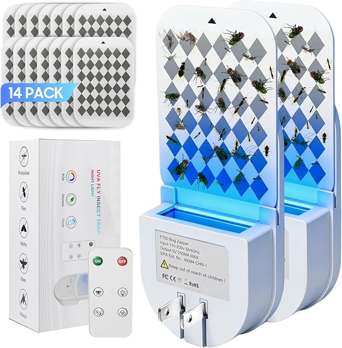 Fruit Fly Traps for Indoors, Plug in Fly Trap Indoor, 900 Sq Ft Protection Area, 6 Color Light Indoor House Bug Catcher with RC for Flying Insects Gnats Fruit Flies (2 Device+14 Refills)