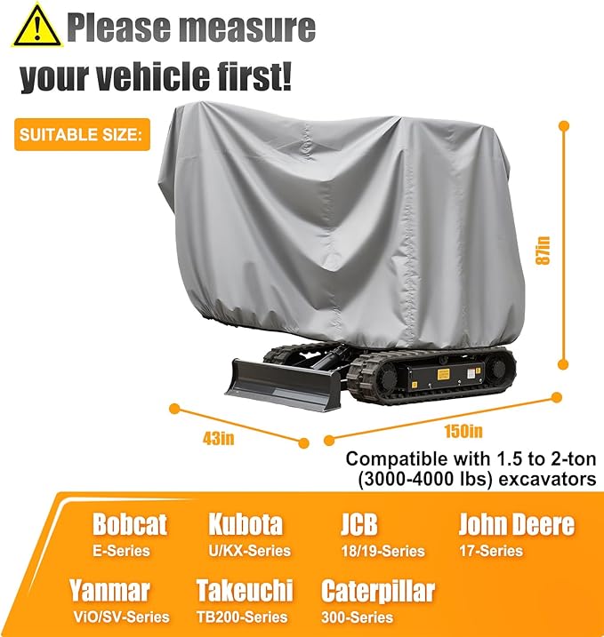 Mini Excavator Cover Fits 3000-4000 lbs Models, Mini Excavator Covers Waterproof Compatible with Bobcat E20/Kubota U17/Caterpillar/John Deere 17G, 600D Excavator Cover, Heavy Duty Excavator Cover.