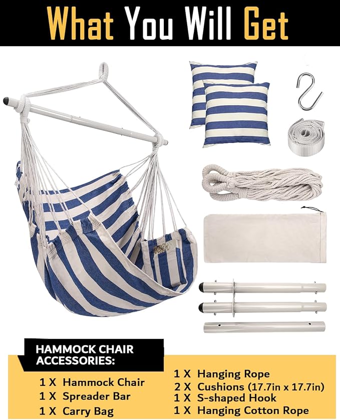 ADVOKAIR Hammock Chair Hanging Chair Swing Large Indoor with Anti-Slip Steel Spread Bar and Pocket-Max 500lbs-2 Cushions, Perfect for Bedroom,Outdoor,Patio, Porch,Backyard