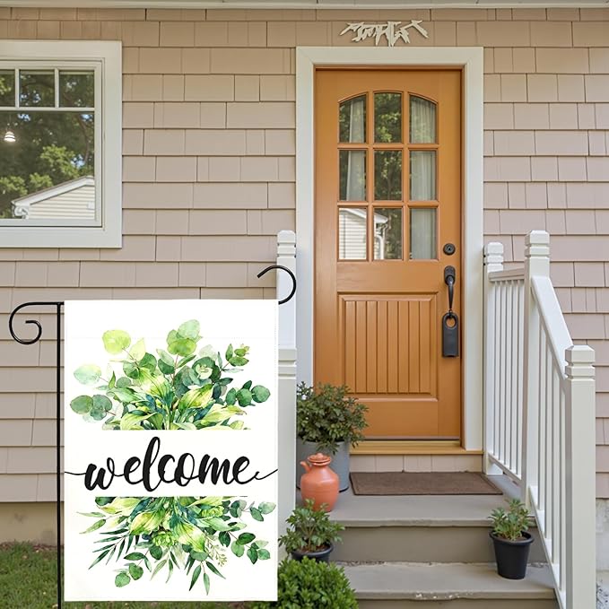 Welcome Spring Garden Flag Summer Greenery Watercolor Eucalyptus Leaves House Banner Seasonal Rustic Farmhouse Hosta Planta Yard Flags for Outside Porch Patio Lawn Home Decor 12 x 18 Inch