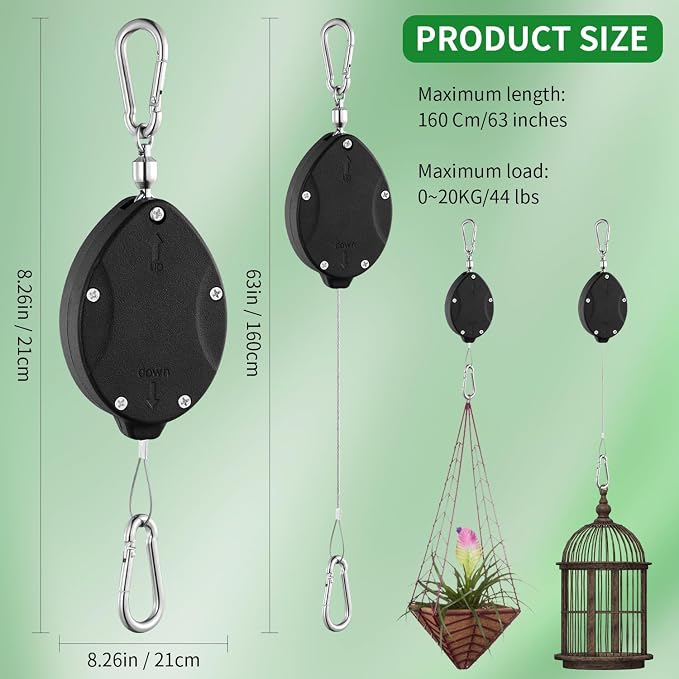 Heavy Duty Retractable Plant Hangers, Adjustable Pull-Down Pulleys with 63" Stainless Steel Rope, Double Hooks for Hanging Plants, Bird Feeders, Planters & Pots, Indoor & Outdoor Use (2Pcs- Black)