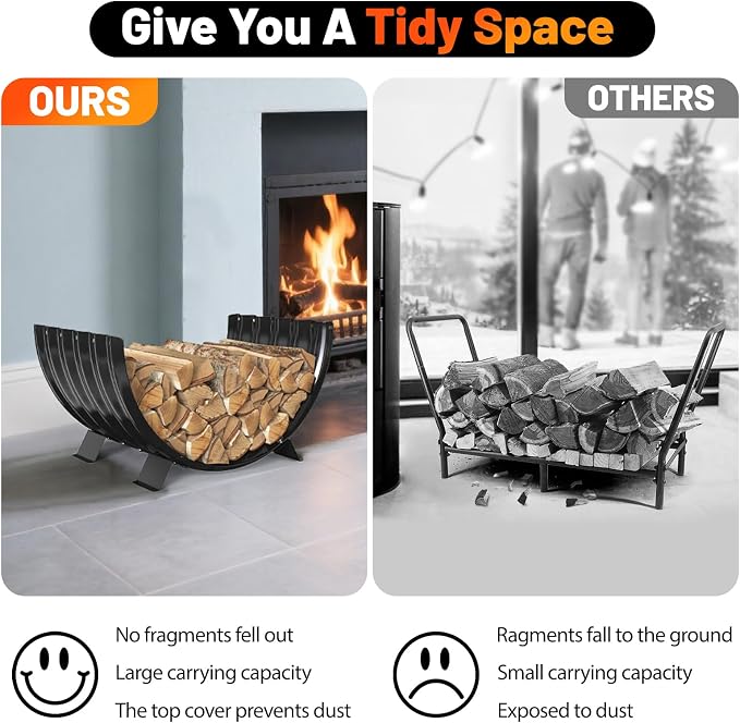 Metal Firewood Rack Outdoor Beside Fire Pit/Steel Logs Storage Indoor by Fireplace-with Metal Legs,Rustproof,Durable & Stylish Firewood Holder (Sector, 24 Inches Diameter)