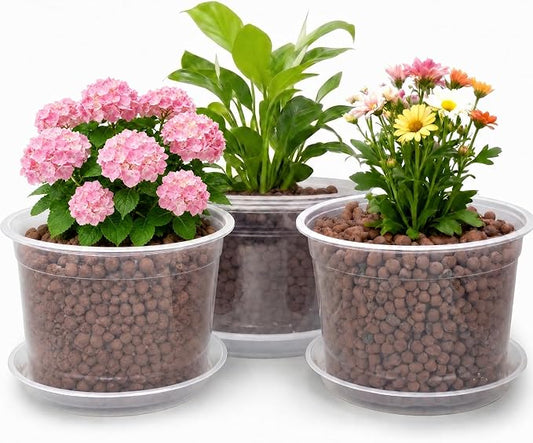 10 Inch Clear Nursery Pots with Drainage Holes and Saucers, 5 Pack Large Clear Pots for Plants Variety Pack, Seedling Pots for Succulents, Herbs, Flowers, Vegetables