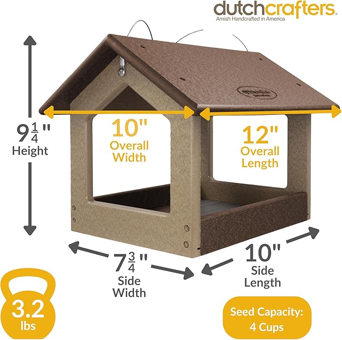 DutchCrafters Amish USA Made Recycled Plastic Large Hanging Modern Fly Through Covered Roof Open Platform Tray Bird Feeder for Outdoors, Garden, Yard (Tudor Brown & Weatherwood)