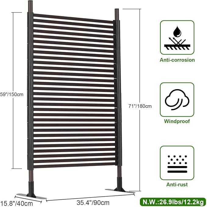 FOLLOOK Outdoor Privacy Screens Freestanding, 36" W x 71" H Overall Poly-Coating Steel Pipes and Slats, Rustproof Brown Metal Decorative Fence Panels for Outside Backyard Garden Patio Privacy Screen
