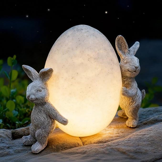 Solar Bunny Garden Statue with LED Light – Cute Solar Garden Decor Outdoor Rabbit Statue for Patio Yard Backyard Lawn, Bunny Decor Garden Statues, Easter Rabbit Gifts-Egg