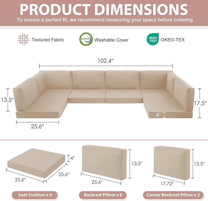 14-Piece Patio Furniture Cushions Set, Replacement Outdoor Cushions for 6-Seat Patio Sectional, Waterproof & Fade Resistant Deep Seat Cushion for Outdoor Sofa, Beige