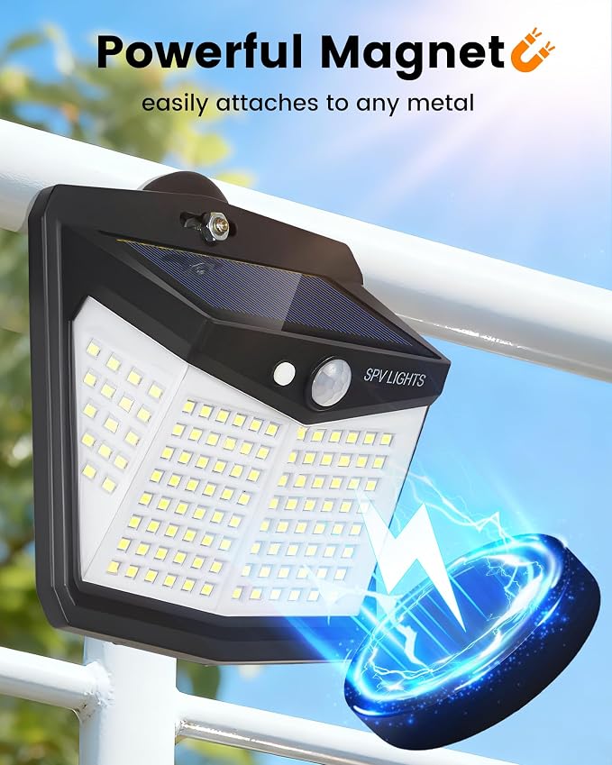 Magnetic Solar Lights Outdoor, No Drill Motion Sensor Solar Fence Lights, 600LM 128 LED Magnetic Step Lights for Metal Fence, RV, Deck Railing, Garage, IP65 Waterproof Outdoor Security Lighting(2Pack）