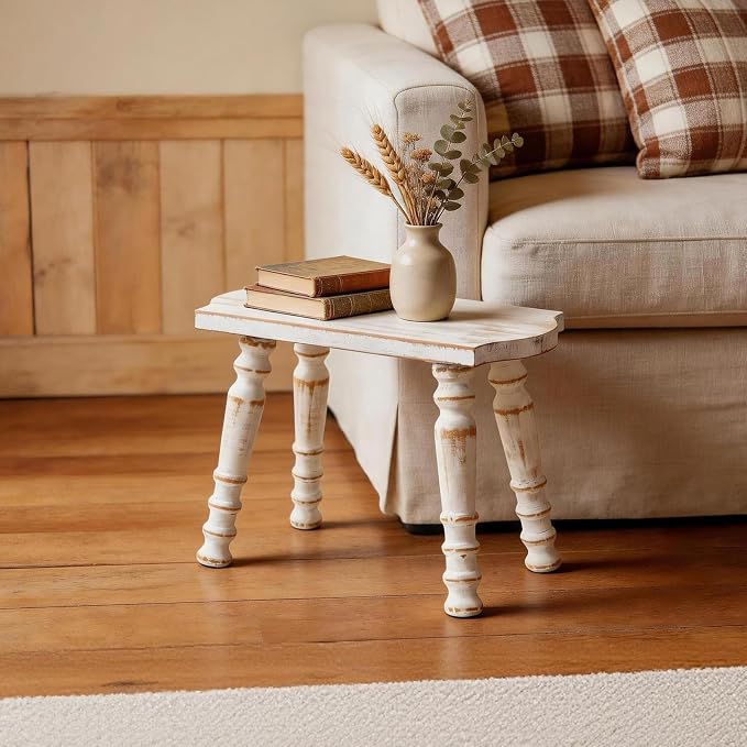 100% Solid Wooden Stool, Farmhouse Wood Step Stool for Adults, Rustic Plant Stool, Vintage Small Stools for Bathroom, Kitchen, Bedroom, Plant Stand, Home Decor