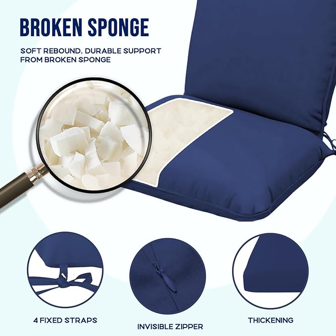 Adirondack Chair Cushions, Waterproof & Fade-Resistant Outdoor Rocking Chair Cushion Set, Removable Seat Pads with Ties for High Back Dining or Patio Chairs, Navy