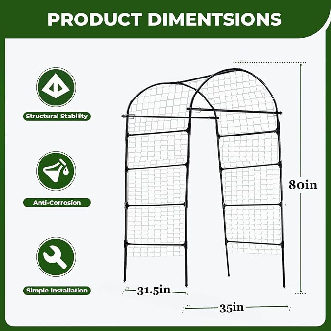 80 Inch Tall Garden Arch Trellis for Climbing Plants Outdoor, Grape Trelli Metal Vine Plants Support Flower Vegetable Tomato (Black, 33" L x 33" W x 80" H - Arch Trellis)