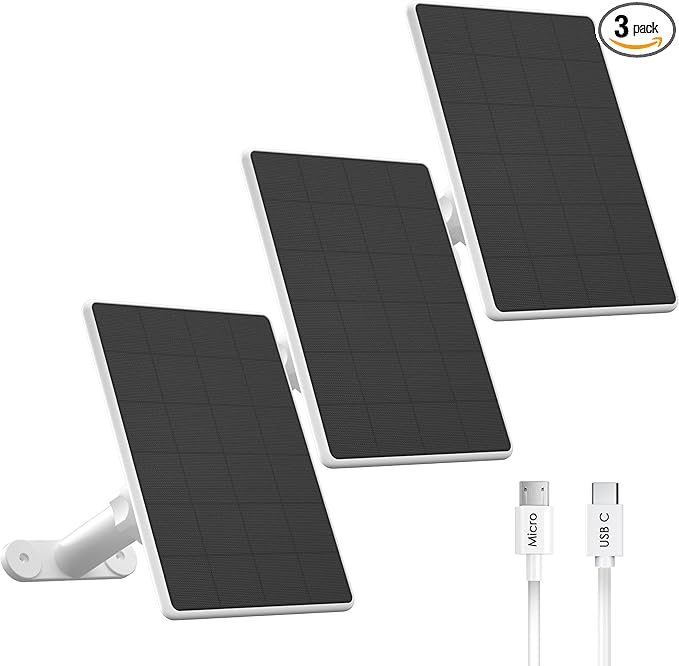 Solar Panel for Security Camera,6W Solar Panels with Micro USB&USB-C Port for DC 5V Outdoor Camera,Solar Charger for Rechargeable Battery Camera,IP65 Waterproof,360° Adjustable Mount,9.8ft Cable (3PC)