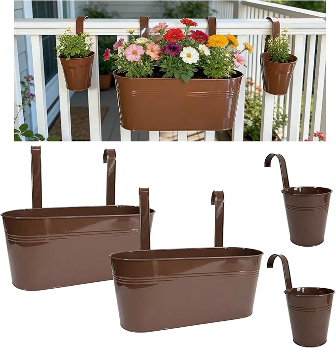 Set of 4 Outdoor Metal Railing Planters Box - 2 Pcs 5.12" Round Balcony Hanging Planter & 2 Pcs 17" Oval Fence Pot with Detachable Hooks Drainage, Chocolate