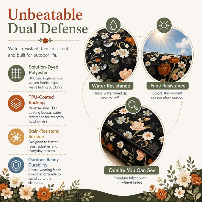 22x22 Waterproof Outdoor Chair Cushions Set of 2, Patio Cushions for Outdoor Furniture Water-Resistant & Fade-Resistant, Deep Seat & Back Cushion for Wicker Sofa (Black Floral)