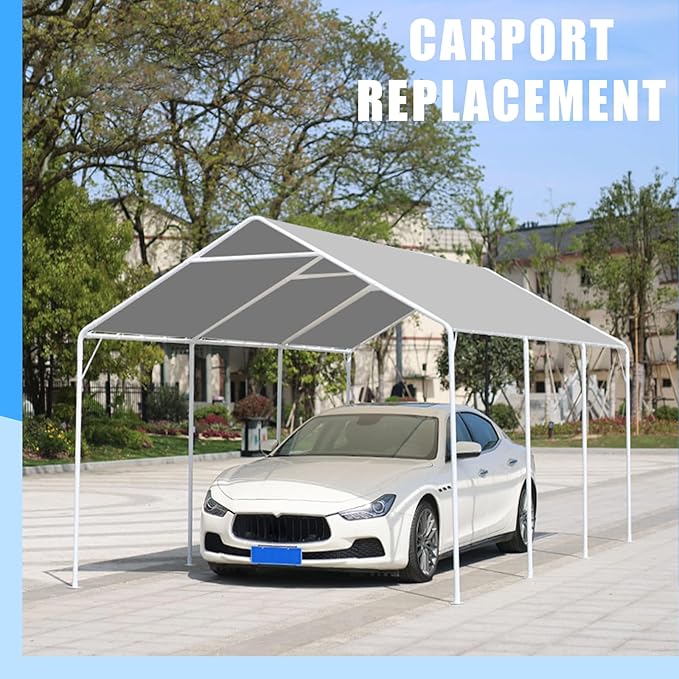 10 x 20 Ft Heavy Duty Carport Replacement Canopy Waterproof & UV Protected Garage Top Tent Shelter Tarp with 44 Ball Bungees Cords, Only Top Cover, Silver Grey