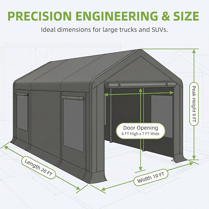 HOTEAGLE Storage Shed, 3/4 inch Thick Support Rods & Bolted Frame (Not Socket), Rolled Up Doors and Ventilation Window, Carports Car Tent 10X20 Ft