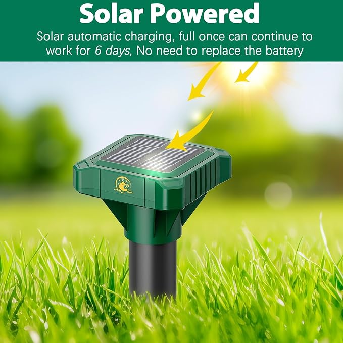 8 Pack Mole Repellent Solar Powered, Gopher Repellent Ultrasonic for Lawns, IP65 Waterproof Mole Deterrent for Yard, Outdoor Pest Control for Groundhog, Vole, Armadillo, Chipmunk, Snake