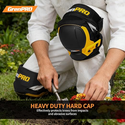 GRENPRO Black Knee Pads for Work - Heavy Duty EVA & Gel Support for Construction, Flooring, Gardening and Cleaning