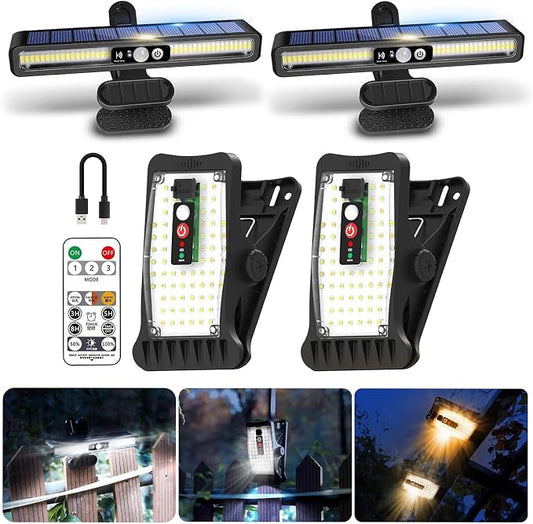 Clip-On Solar Motion Lights Outdoor Waterproof, 4 Pack (2 Pack 36 LEDs +2 Pack 70 LEDs) with Adjustable Color Temperatures, USB Charging & Remote Control, Perfect for Fence, Garage, Yard, Camping