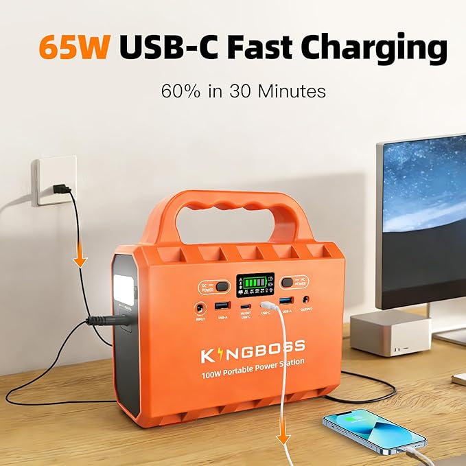 KINGBOSS 100W Portable Power Station, 96Wh LiFePO4 Battery Small Generator Ultra-Light, 65W Fast Charging 3000+ Cycles Solar Power Bank AC/DC/USB-C/A Outputs for Camping Home Backup Outdoor