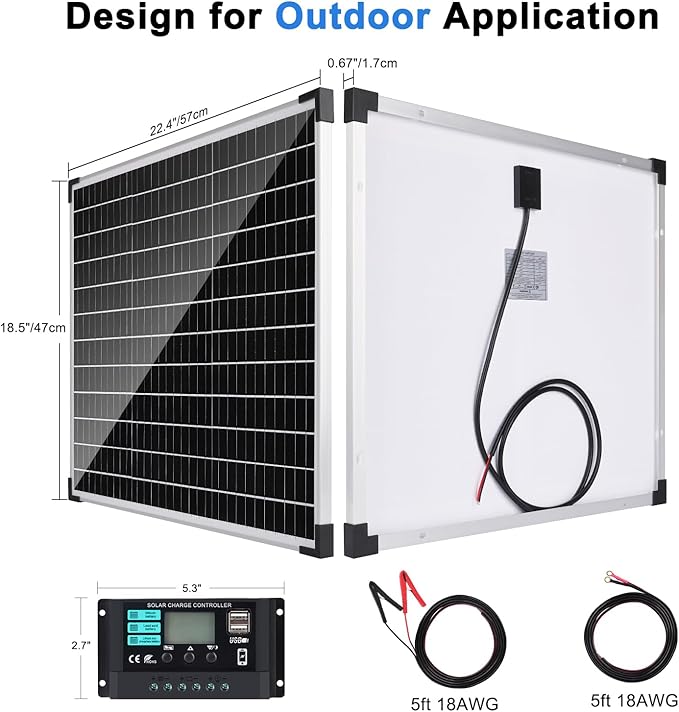 TBER 50W/12V Solar Panel Kit with 10A Charge Controller, Monocrystalline Solar Battery Trickle Charger Maintainer for Automotive Motorcycle Boat Marine RV Camping RV Farm Other Off-Grid Applications