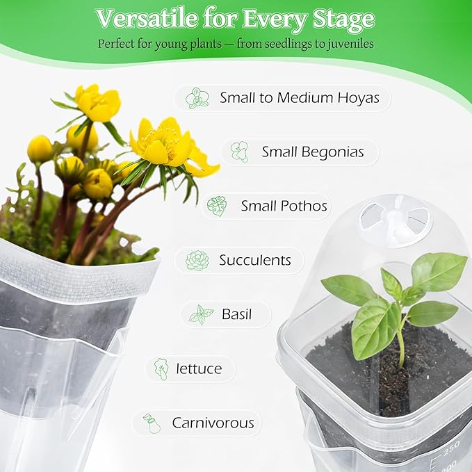 12 Pack 2.5" Self Watering Propagation Pots with Humidity Dome, Clear Plastic Seed Starter Cups, for Seedlings, Cuttings, Succulents, Herbs, Vegetables, with 12 Labels Included (Transparent 24 Pack)