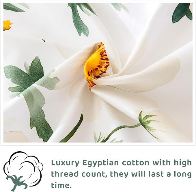 QSH 4PCs Green Floral Sheets Queen Size,100% Egyptian Cotton Sheets Queen Size Yellow Platycodon Flowers Botanical Pattern Printed Bed Sheet Extra Soft and Breathable 17.5" Deep Pockets Bedding Sheet