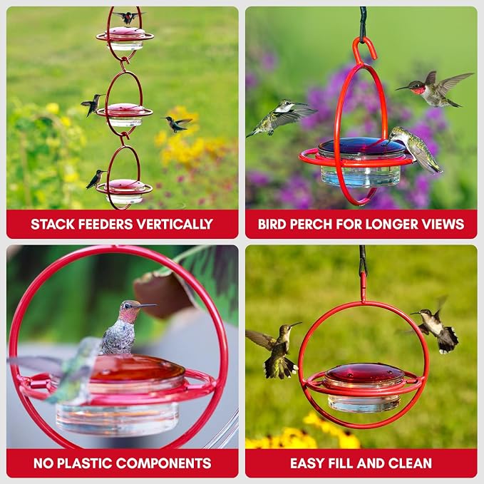 Mosaic Birds Hummingbird Feeder for Outdoors Hanging, 3.4 OZ Hummingbird Feeders, Glass Bowl with 4 Feeding Ports, Leak Proof Lid & Circular Perch, Bird Feeder (1, Red)