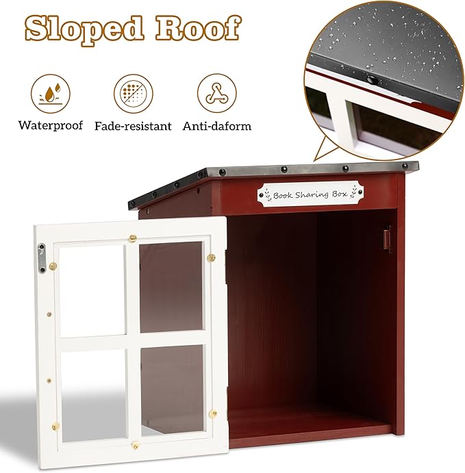 Outdoor Book Storage Box: Natural Wood Library Box with Reinforced Waterproof Roof, DIY Book Sharing Storage Box for Outside Neighborhoods Community Schools (Red Sloped Roof)