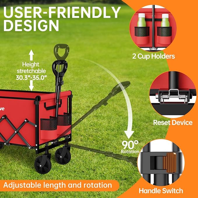 Collapsible Wagon Cart, 380LBS Heavy Duty Utility Wagons with All-Terrain Wheels, Foldable Grocery Carts for Gardening, Shopping, Beach, Camping,Red