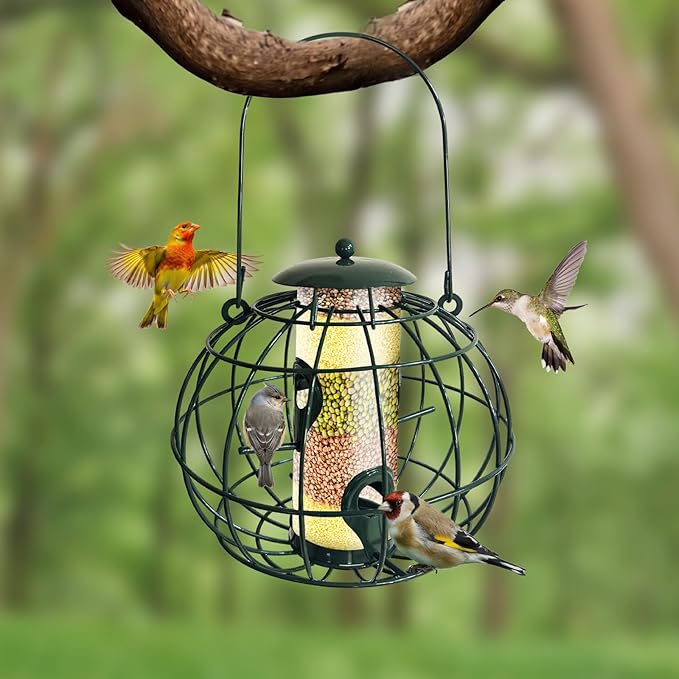 Squirrel Resistant Bird Feeder - Outdoor Hanging Wild Bird Feeder, Weatherproof Metal Tube Feeder for Finches & Small Birds, Green