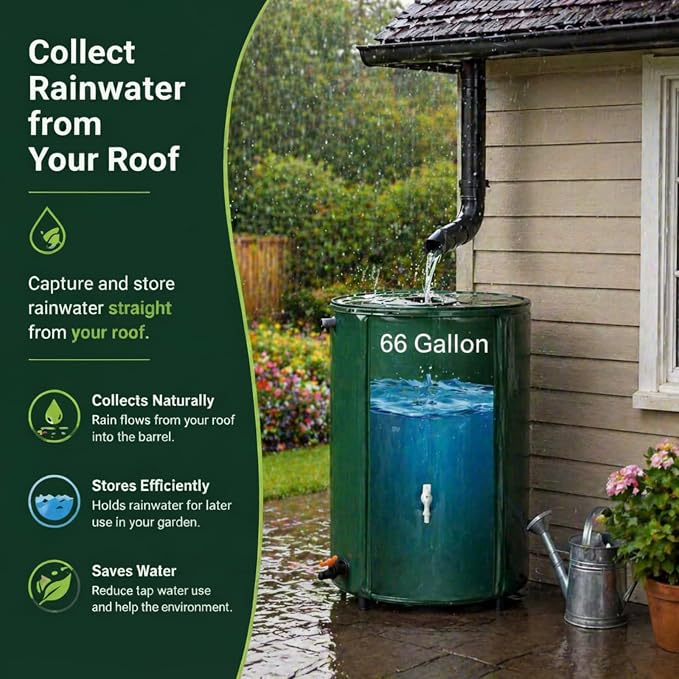 66 Gallon Collapsible Rain Barrel, Portable Rainwater Collection System with Spigot & PTFE Thread Seal Tape, Foldable Water Storage Tank for Garden, Patio & Balcony