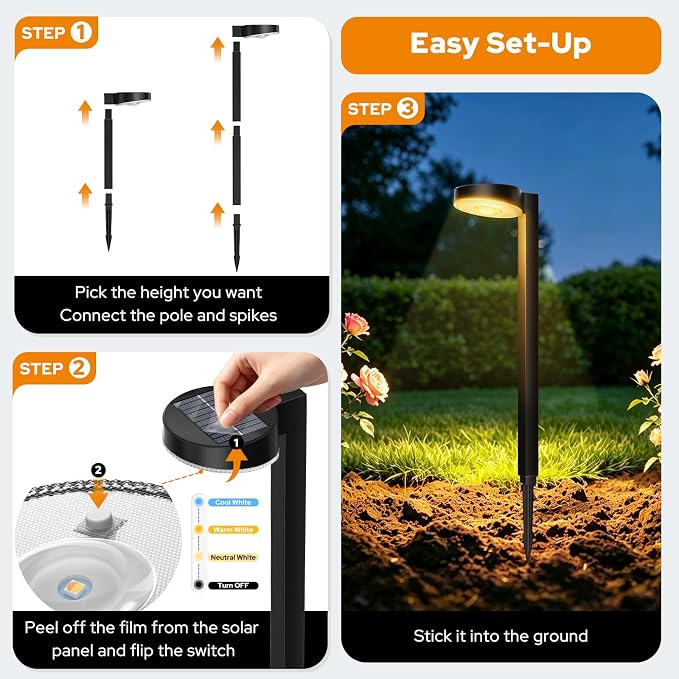 APONUO Solar Pathway Lights Outdoor, 3 Color Temperatures Selectable CCT, Focused Ground Spot Lens, Brighter Up to 12 Hrs IP65 Waterproof Path Lights for Walkway Driveway Yard Garden, Black, 8 Pack